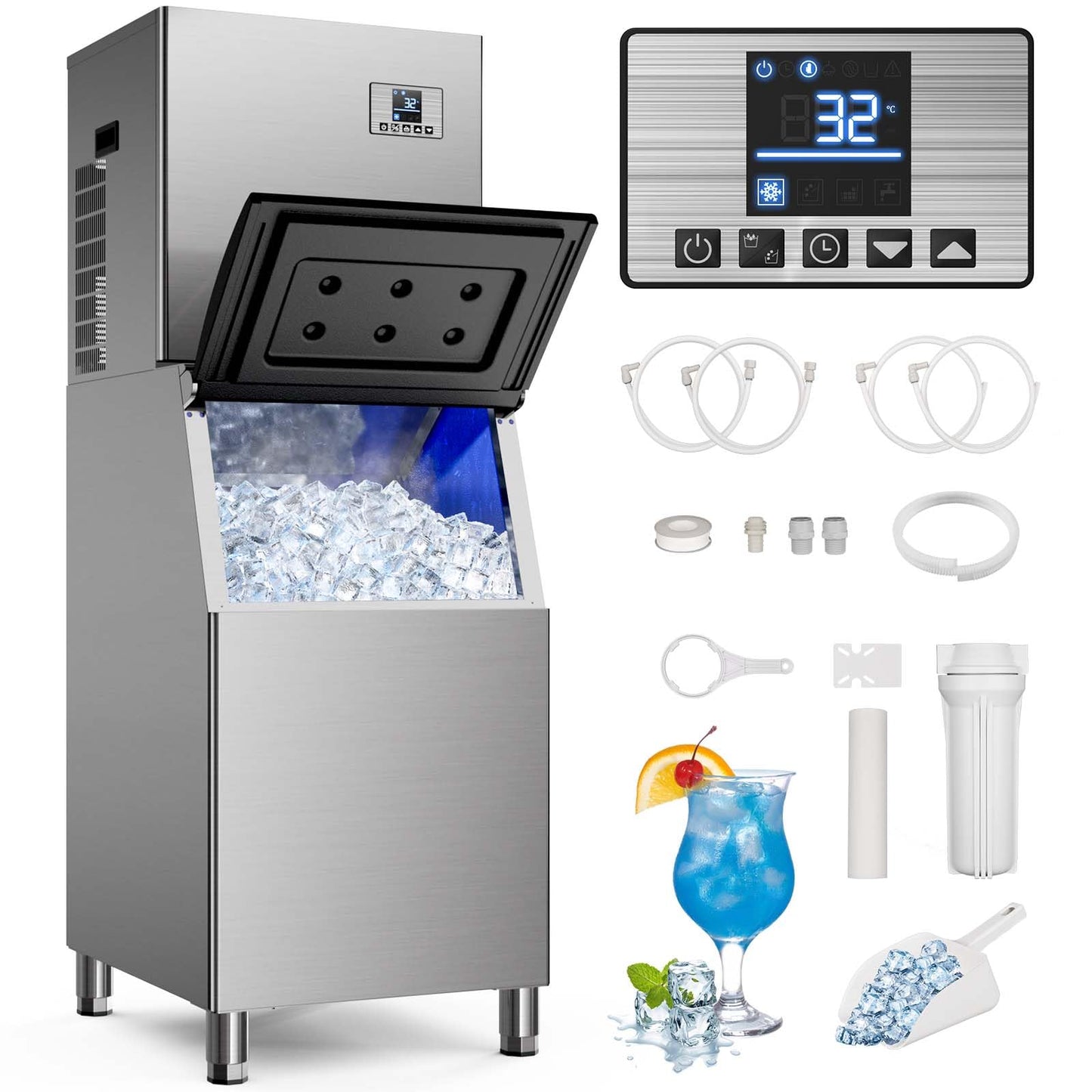680 LBS/24H Commercial Ice Machine with 560 LBS Storage Bin, Ice Cubes Ready in 5-15 min, Stainless Steel Industrial Ice Maker, Self-Cleaning, Timing Function, Adjustable Ice Thicknesses
