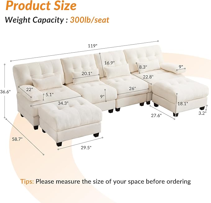 GRAINLLE 119'' Modular Sectional Cloud Couch with 2 Ottoman,Deep Seat Sleeper Sofa U Shaped Sectional Couch,Convertible Upholstered Comfy Chenille Sectional Sofa for Living Room,Bedroom(Ivory)