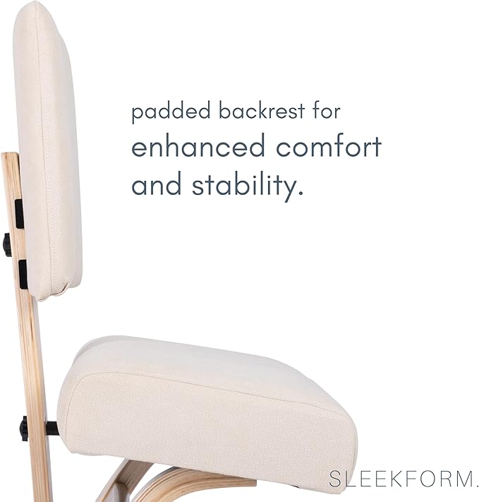 Sleekform East Austin Ergonomic Kneeling Chair with Back Support - Winter Linen and Wood Ergo Stool for Desk - Best Ergonomic Kneeling Office Chair for Posture and Leg Circulation