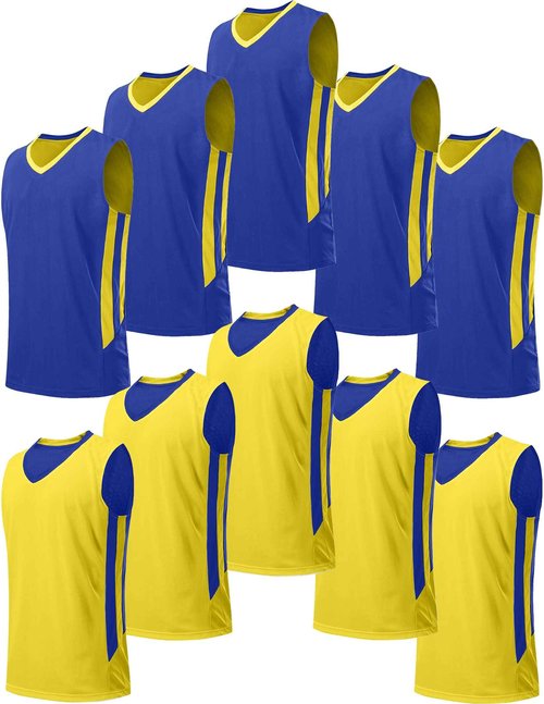 10 Pack Youth Boys Reversible Mesh Performance Athletic Basketball Jerseys Blank Team Uniforms for Sports Scrimmage Bulk (Blue/Yellow, Youth M)