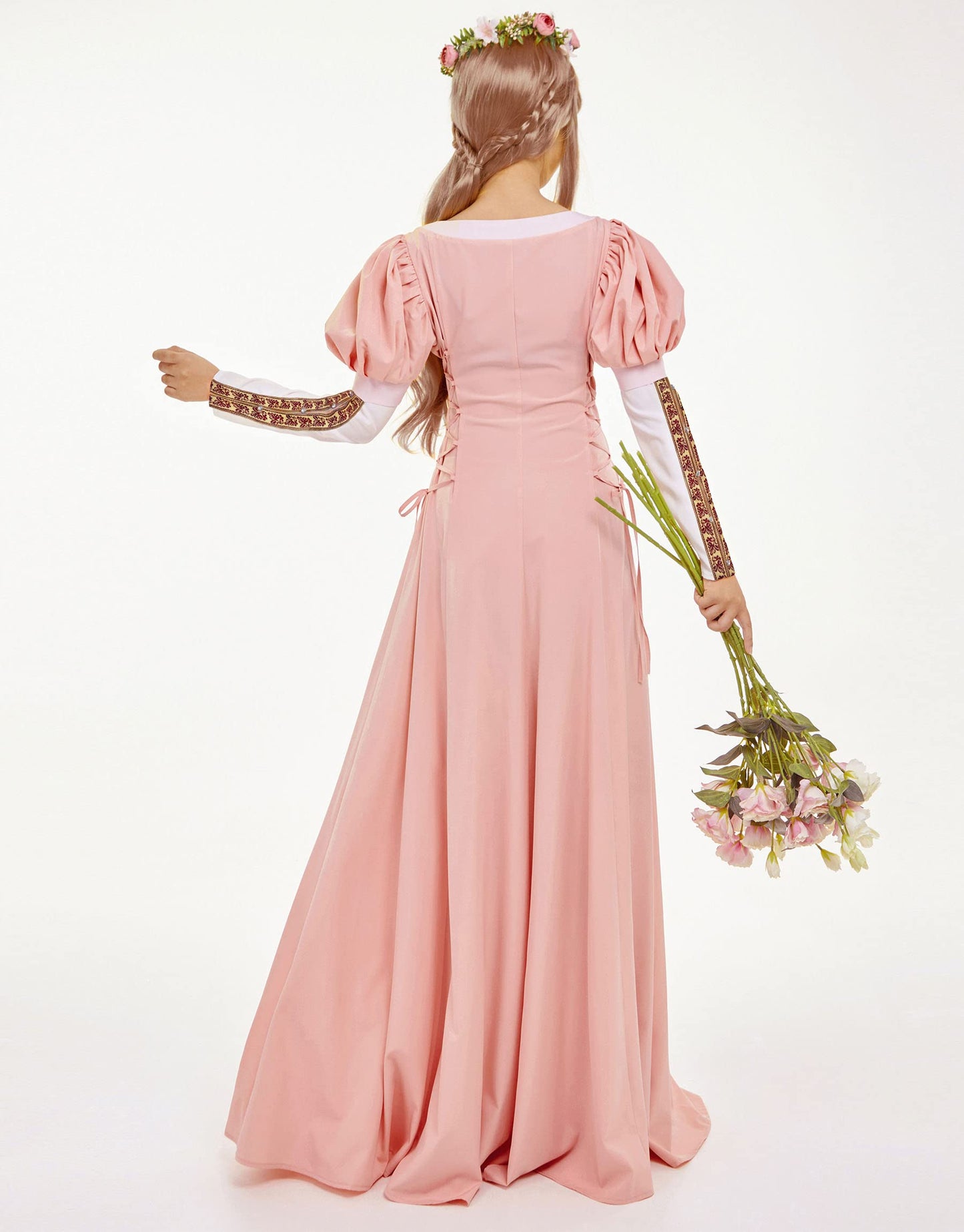 Daizbella Renaissance Dress Women Medieval With Puff Sleeves XVI Century Historical Costume Fake Two-Piece Pink