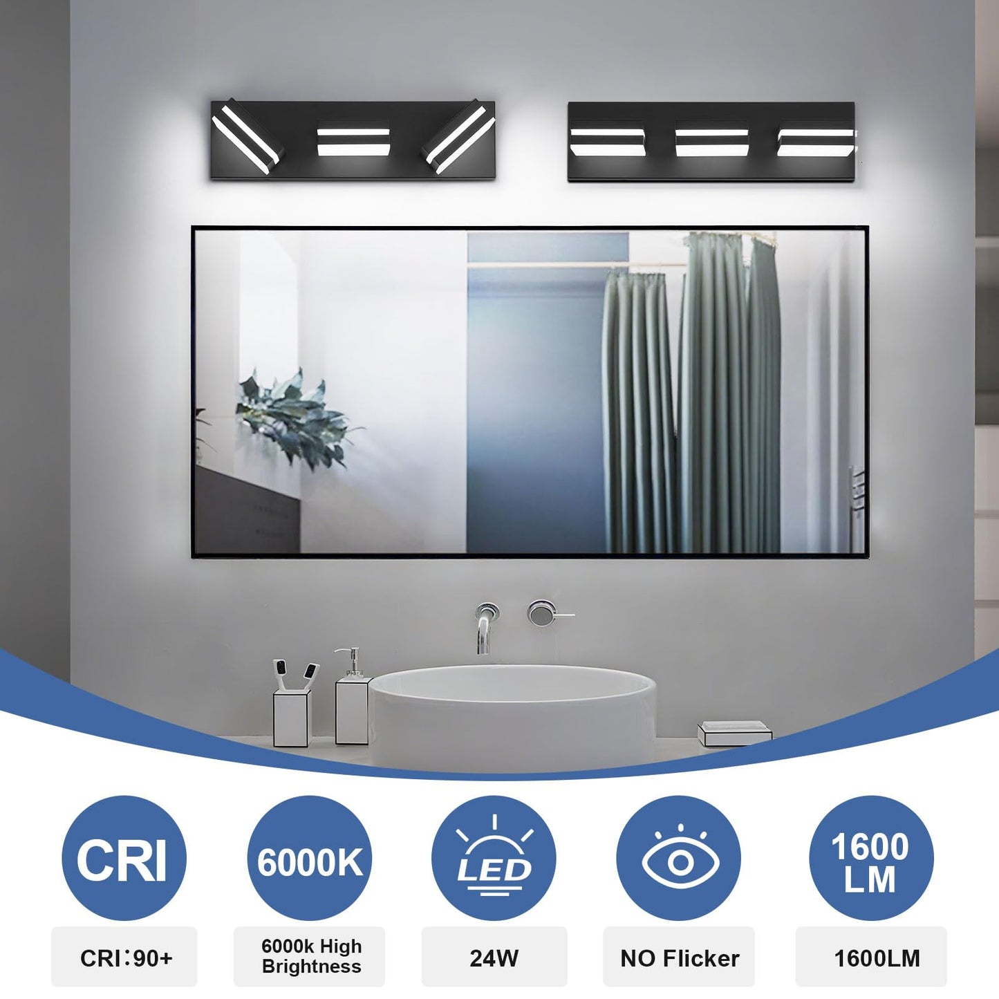 JZEKVN Modern LED Bathroom Lights Fixtures(3-Light),Metal Black Acrylic Wall Lighting,Vanity Lights for Bathroom Over Mirror(6000k 16In