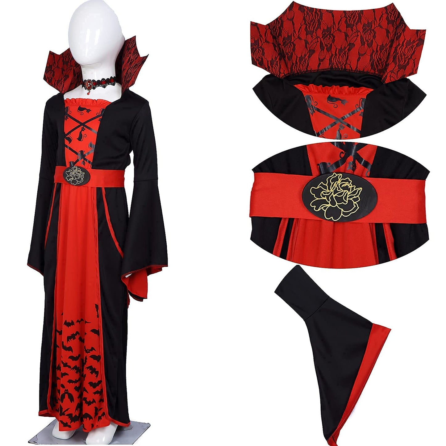 ThinkMax Halloween Vampire Costume for Girls，Kids Royal Queen Skirt for Halloween Dress Up Party, M(8-10 Years)