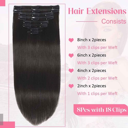 Tebelove Clip in Hair Extensions Real Human Hair 4.3oz/120g Clip ins 100% Brazilian Remy Human Hair Extension for Women 8pcs Per Set with 18 Clips Double Weft (24 Inch #1B Natural Black)