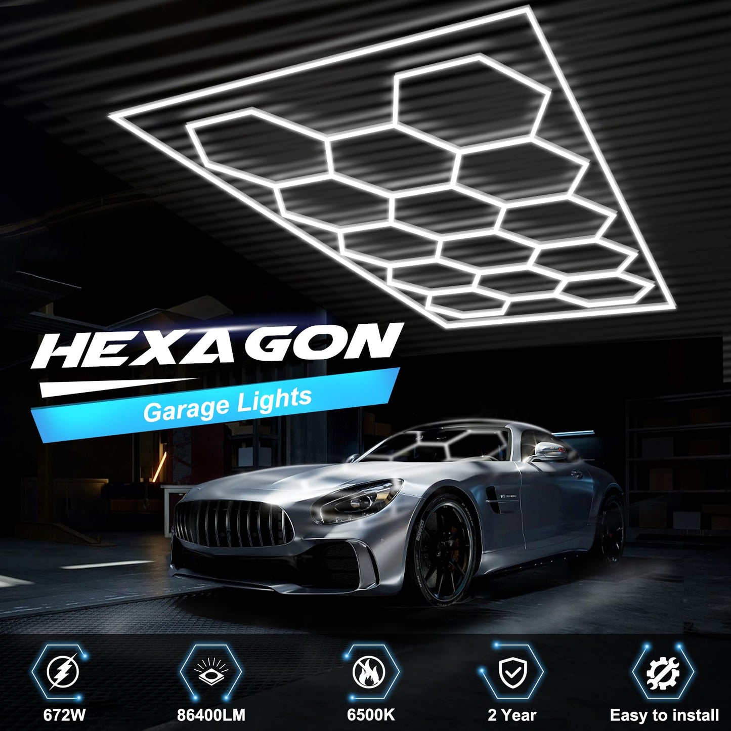 FERUERW Hexagon Garage Lights 3 Level Dimmable with Rectangle Frame, High Brightness 672W 26000 to 86400LM 6500K, 14 Hex Grid for Garage, Shop, Basement, Car Detailing Shop etc. with Mounting Clip