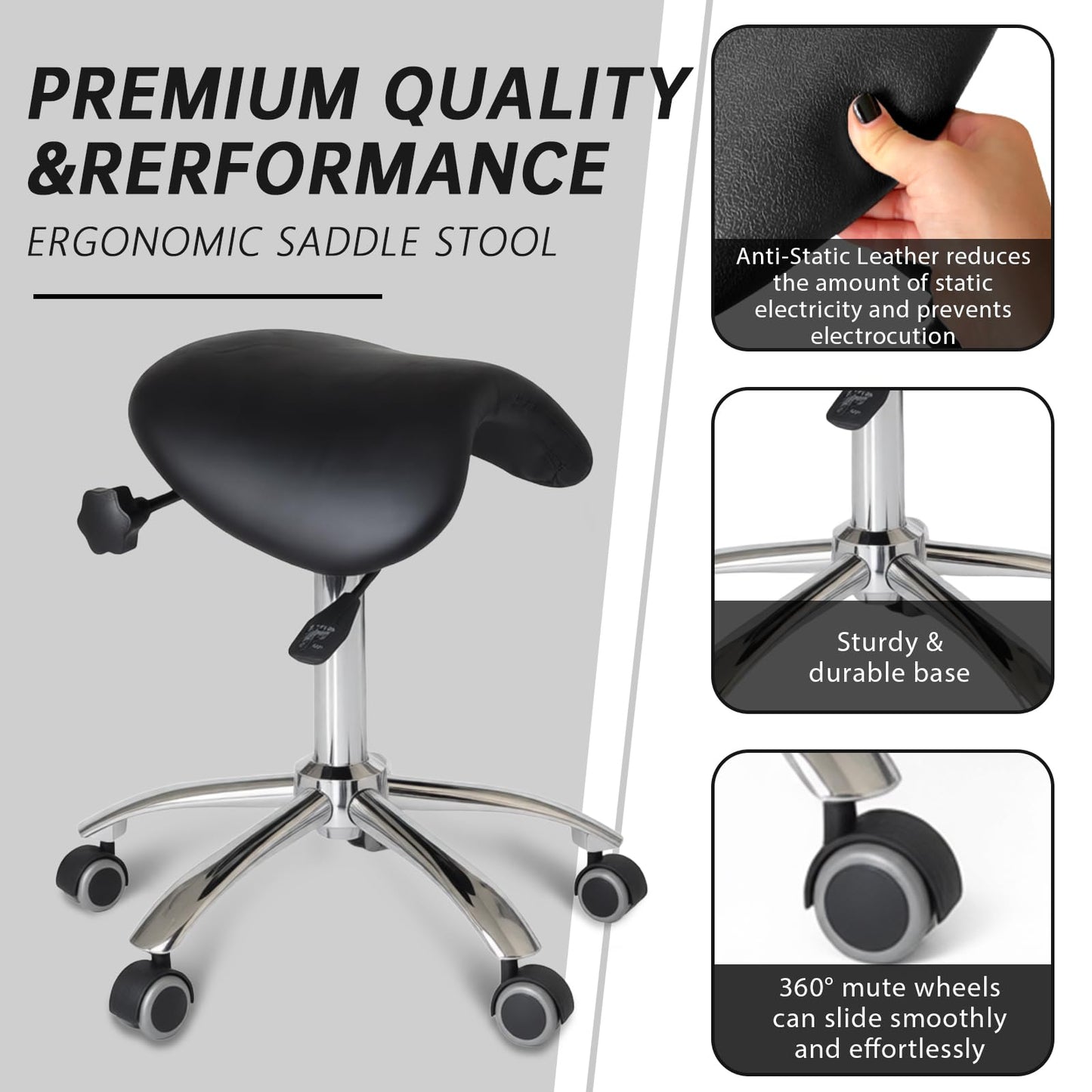 DENGTELI Ergonomic Saddle Chair with Adjustable Swivel castors, Corrects Posture and alleviates Back Pain, Suitable for Offices, Dental clinics, Salons, and Tattoo Studios (Black)