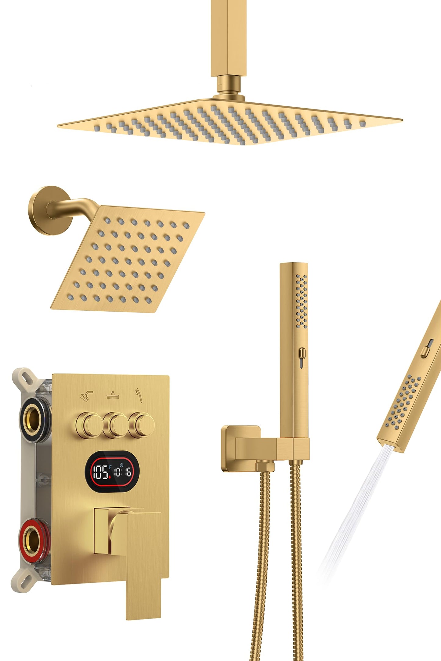 Push Button Diverter Shower Faucet Set Hydro Power Temperature Display, Shower System Ceiling Mounted 10" & Wall Mounted 6" Shower Head with 3-Spary Handheld, Brushed Gold