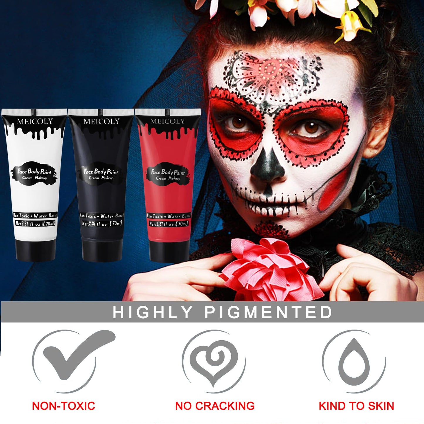 MEICOLY Black White Red Face Body Paint with Setting Powder and Sponges,Clown White Devil Joker Face Paint Makeup,Waterbased Bod