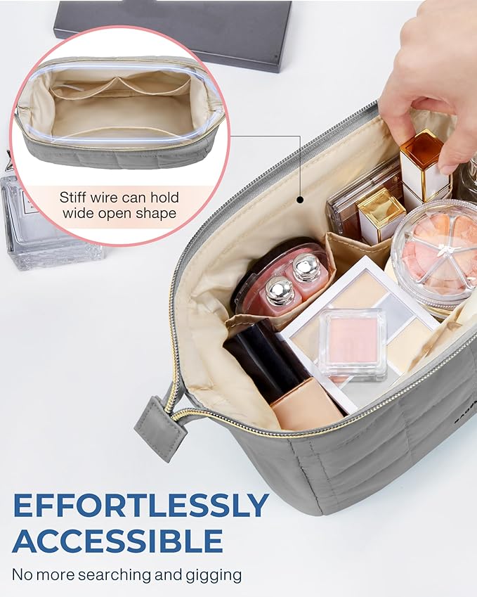 BAGSMART Makeup Bag Travel Toiletry Bag, Puffy Padded Make Up Bags for Women Makeup Organizer Case, Wide-open Pouch Purse Travel Essentials Toiletries Accessories Brushes, Gray