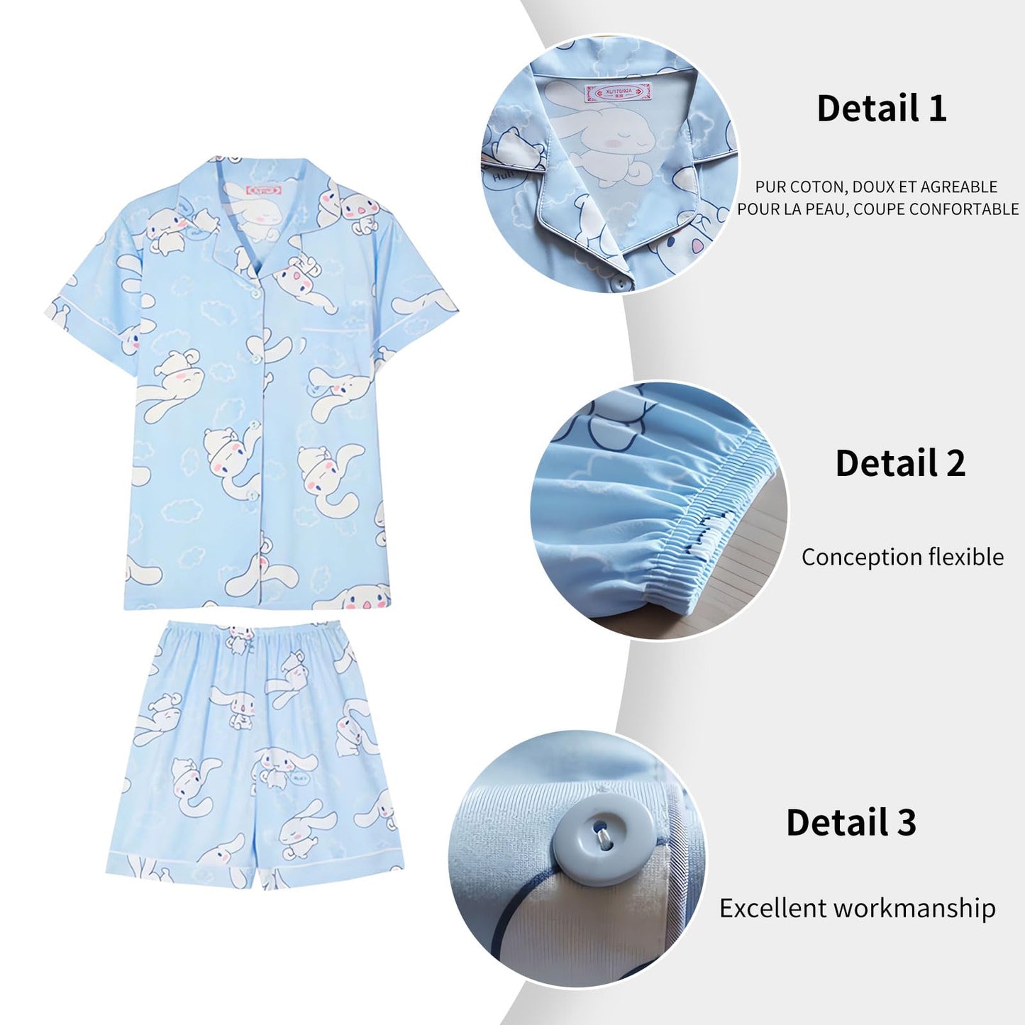 TradWloth Cute Women's Pajama Sets, Cartoon Print Sleepwear Short Sleeve Shirt and Casual Short - 2 Piece Blue