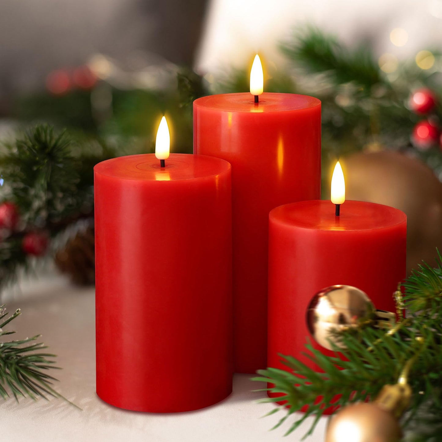 Eywamage Red Christmas Flameless Pillar Candles with Remote, Flickering Battery Operated LED Wax Candles Set of 3