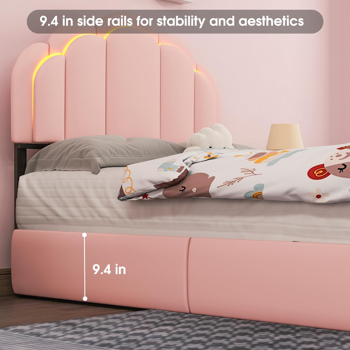 yenlacy Twin Upholstered LED Bed Frame with Storage Drawer, Cute Girls Bed with Petal-Shaped Headboard, Velvet Princess Platform Bed Frame, Metal Slats Support, No Box Spring Needed, Pink