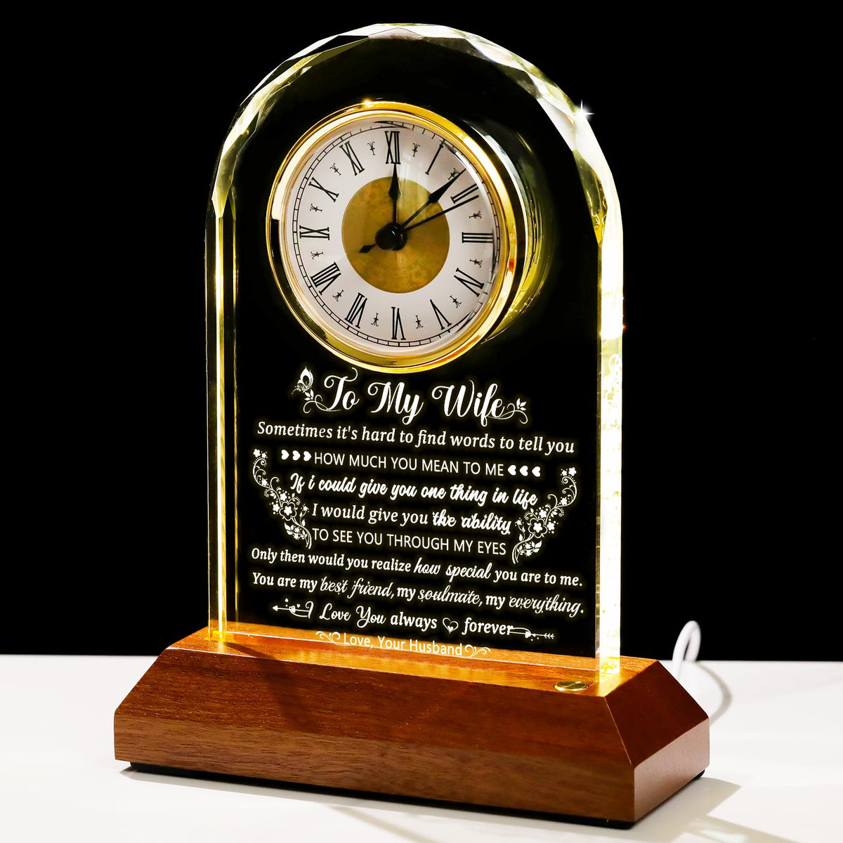 Arikyrist Glass Clock Gifts for Wife from Husband with Wooden Light Base, Personalized Gift for Wife Who Has Everything on Birthday Valentine's Day, Presents for Her on Christmas Home Desk Clock