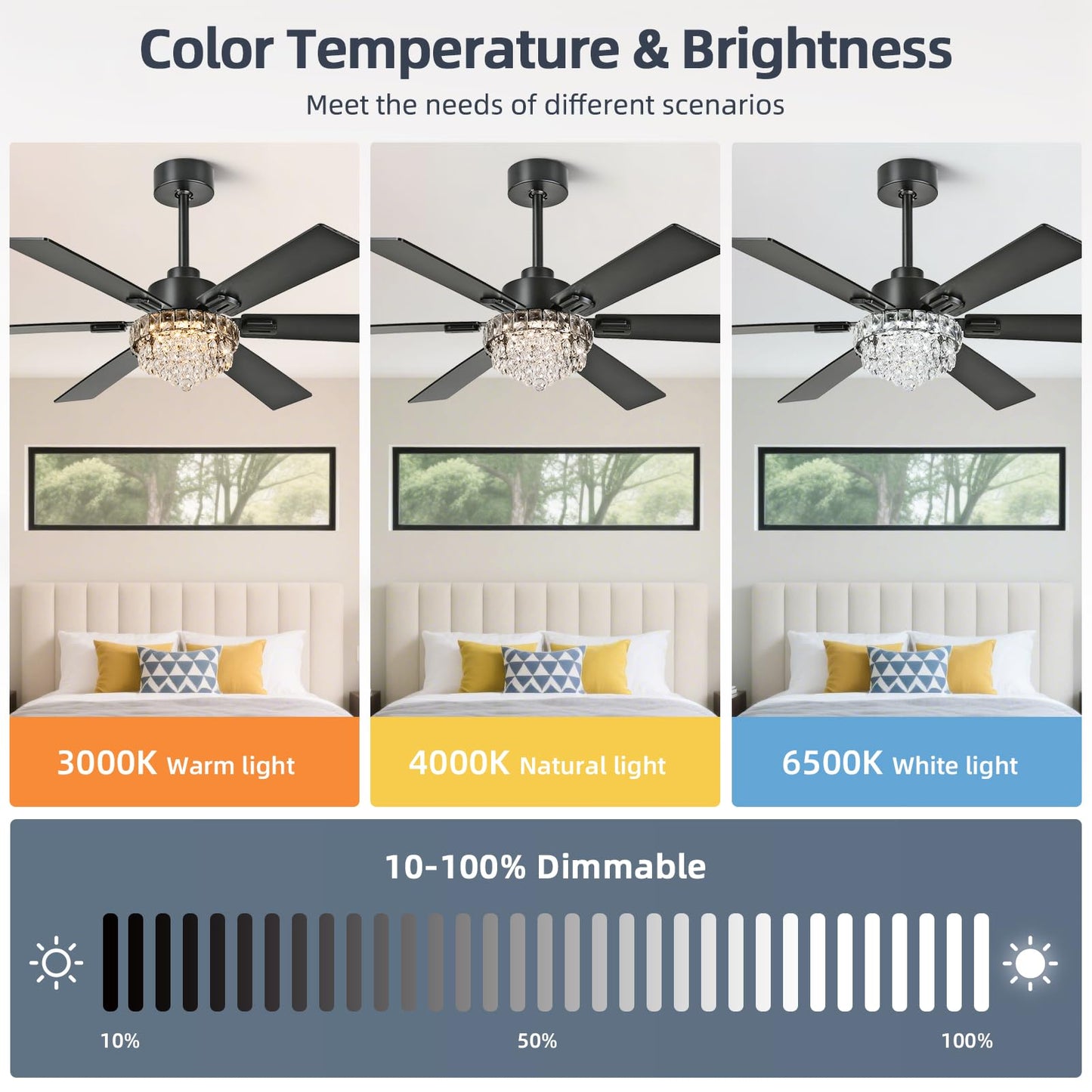 52 Inch Crystal Chandelier Ceiling Fan with Light, 6-Speed Remote Control Black Fandelier with Timer, 6 Reversible Blades Fan Chandelier for Living Room Bedroom, Dimmable LED Light, Quiet DC Motor