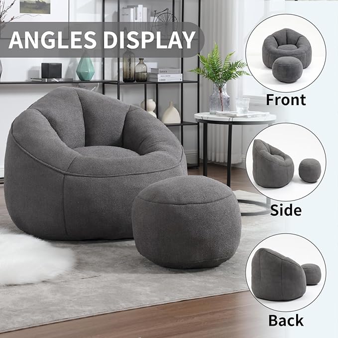 Bean Bag Chairs, Gaint Bean Bag Couch with Memory Foam for Adults and Kids, Microfiber Upholstered Sofa with Ottoman, Comfy Lazy Bean Bag Reading Chair for Living Room