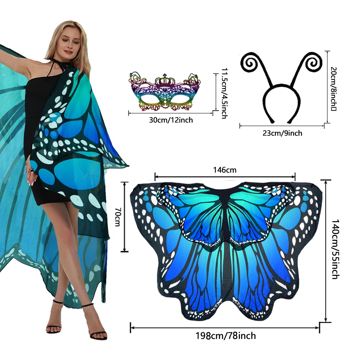 Sunlisky Halloween Costumes for Women Adult Double-Sided Butterfly Costumes Wing Cape Shawl 3Pcs（Green & Blue）
