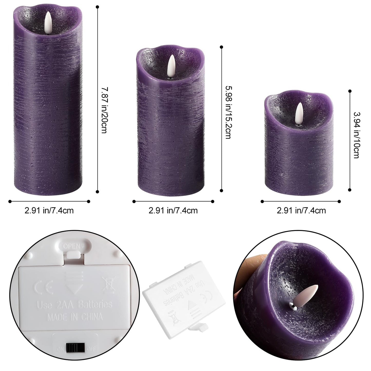glowiu Flameless Candles with Remote LED Candles Set of 3, Battery Operated Candles for Party Home Wedding Holiday Birthday Decor (H 4" 6" 8" x D3) (Navy Blue)