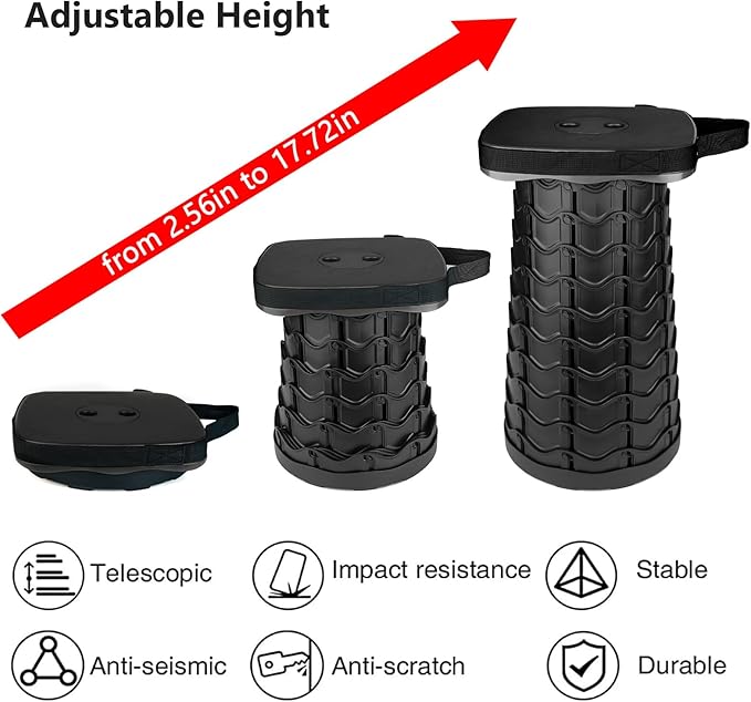 Outward Gear Upgraded Folding Stool Heavy Duty 550lbs Load Capacity Collapsible Portable Sturdy Telescopic Stool for Camping Travel Hiking (Black)