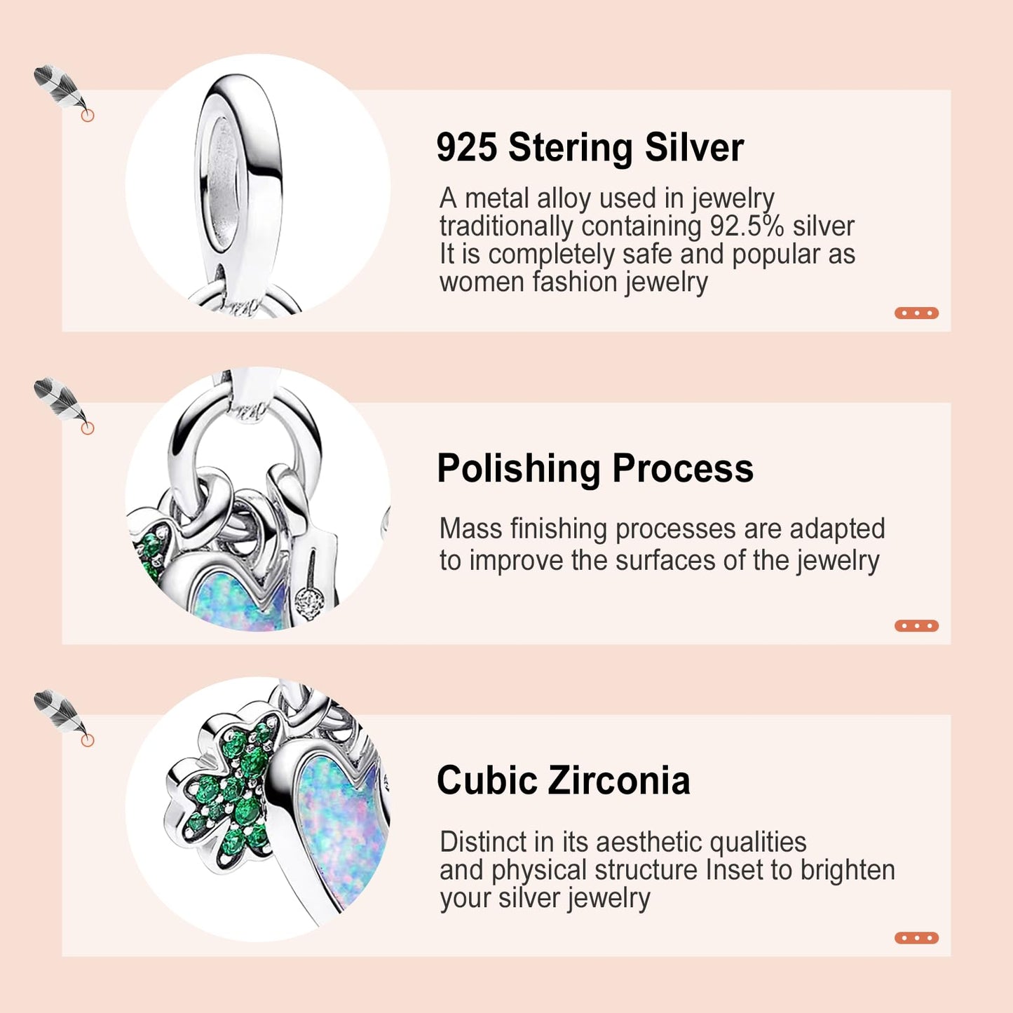 Annmors 925 Sterling Silver Charms fit Bracelets Necklaces Four Leaf Clover & Blue Heart Dangle Beads with 5A Cubic Zirconia Chr