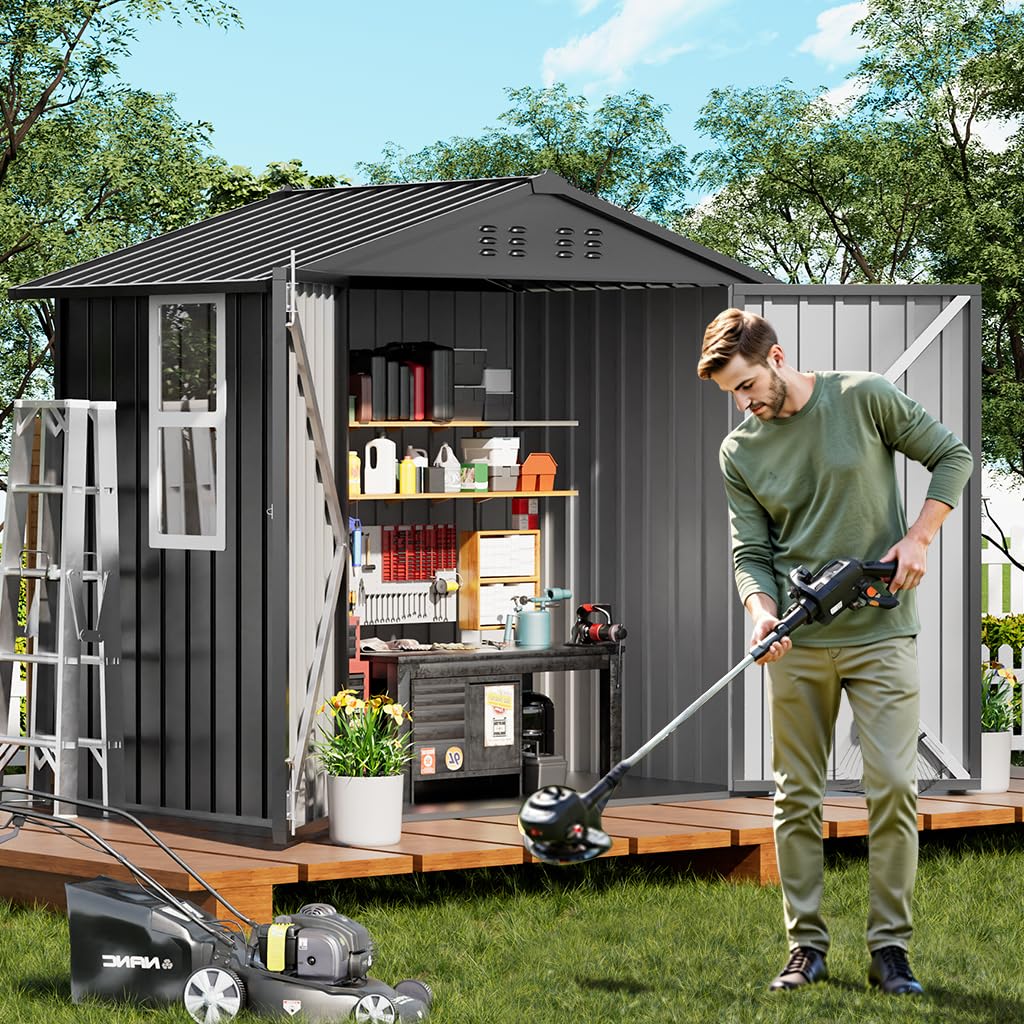 COMHOMA Shed Storage Outdoor Metal Windowed Lockable Garden Toolhouse Weatherproof Ventilated Backyard Utility Workshop(Grey,6'x4')