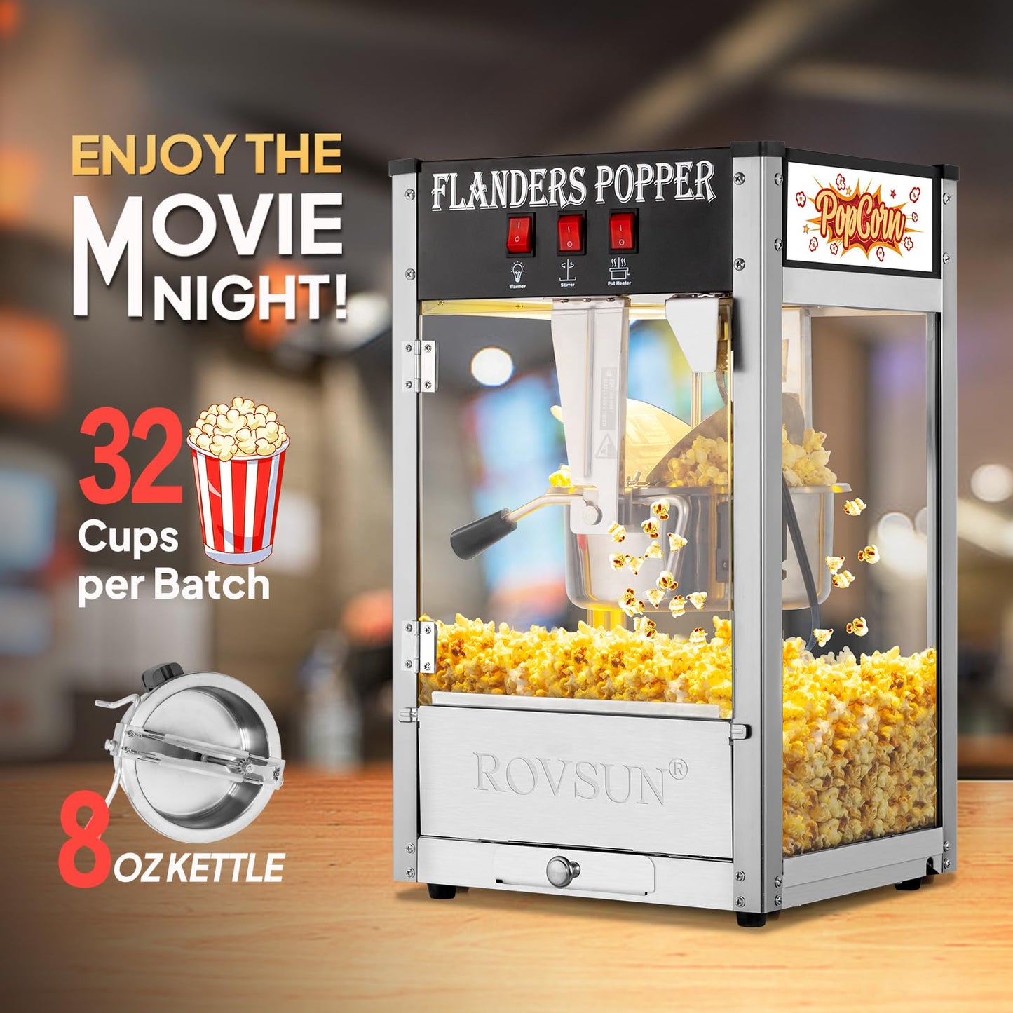 ROVSUN Popcorn Machine with 8 Ounce Kettle Makes Up to 32 Cups, Commercial Popcorn Machine Countertop Popcorn Maker w/Stainless Steel Scoop, Oil Spoon & 3 Popcorn Cups for Home Movie Theater, ETL