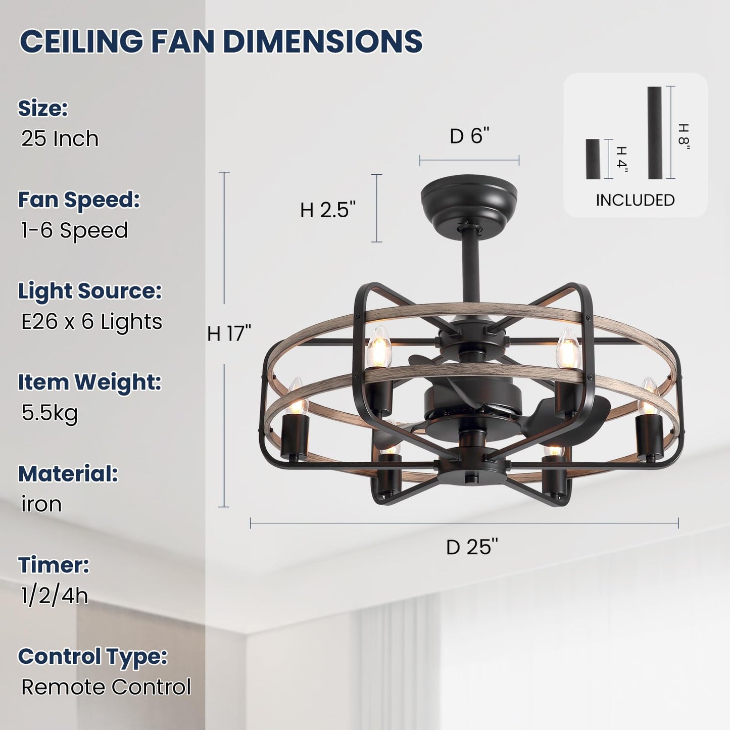 Noxarte Cage Ceiling Fan With Light, Vintage Fandelier Remote Control, Bladess Industrial Chandelier Ceiling Fan Reverse Motor F