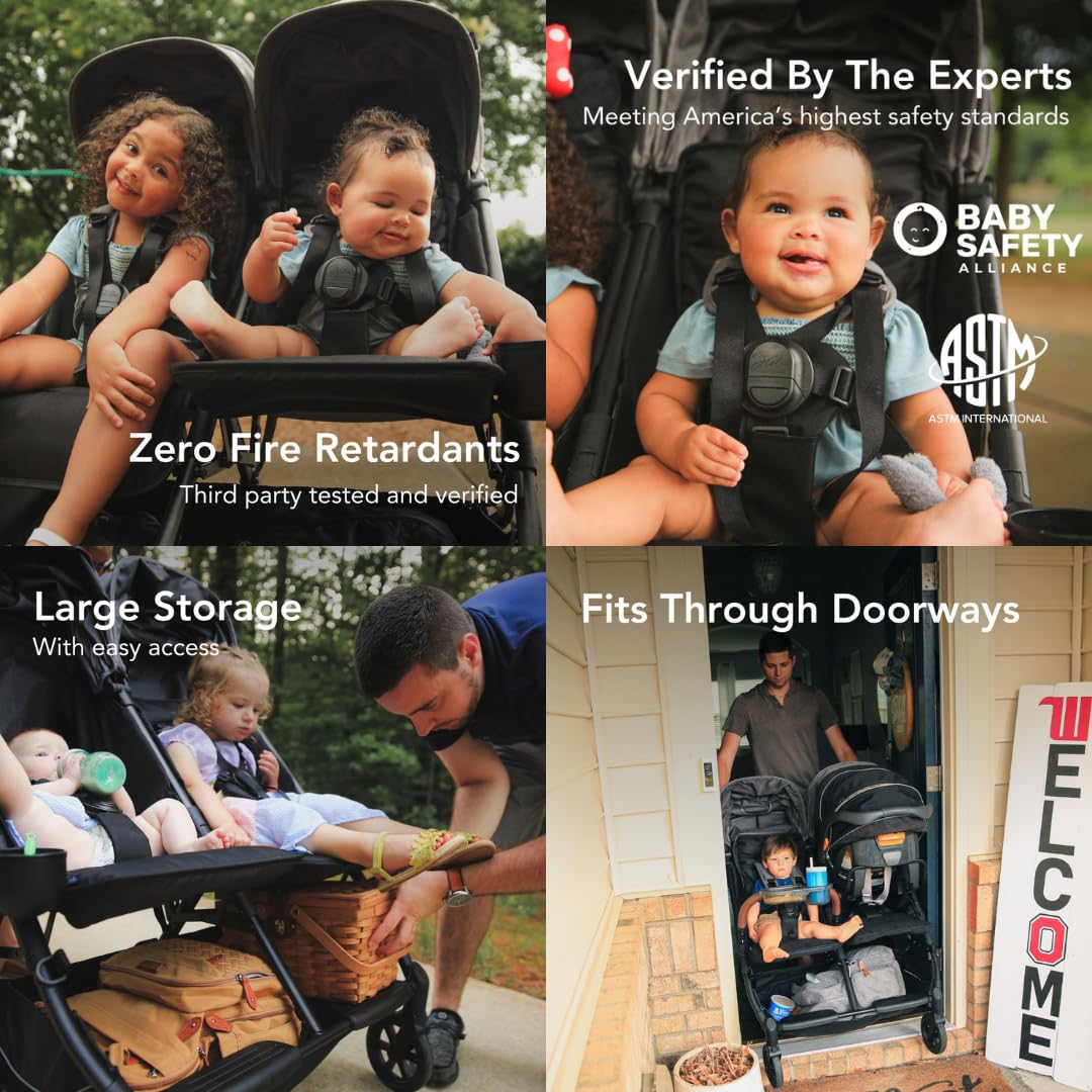 Strolee Lightweight Double Side by Side Stroller - 22 Lbs, 9.5" Compact Fold, Twin Nap Ready Seating, No Rethread Harness, Magnetic Buckle & Ultra Plush Seat 60Lb Max Per Seat- (v2 Sage)