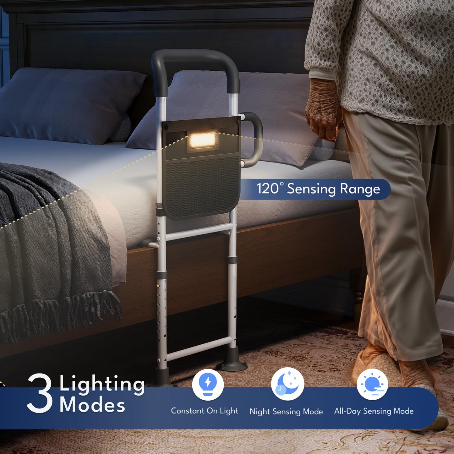 HOMEAL Bed Rails for Elderly Adults Safety - Height Adjustable Bedside Assist Rails for Seniors, Stable Bed Cane Guard Railings with Non-Slip Ergonomic Handle Bar and Storage Pocket (Grey)