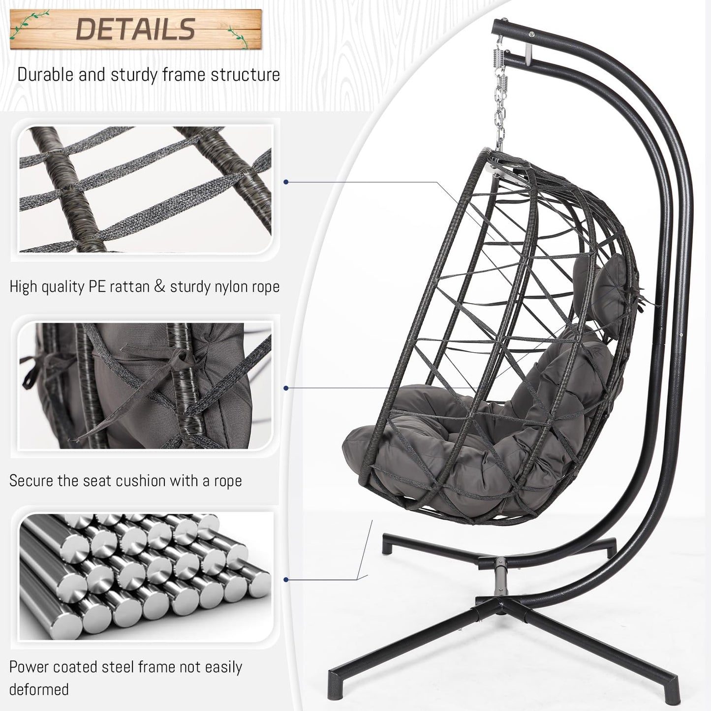 BLUEXYARD Extra Large Double Hanging Egg Chair with Stand, 2 Person Outdoor Indoor Swing Chair, 700 Lbs Heavy‑Duty Wicker Hammock Loveseat with Cushion for Patio Balcony Backyard, Dark Gray
