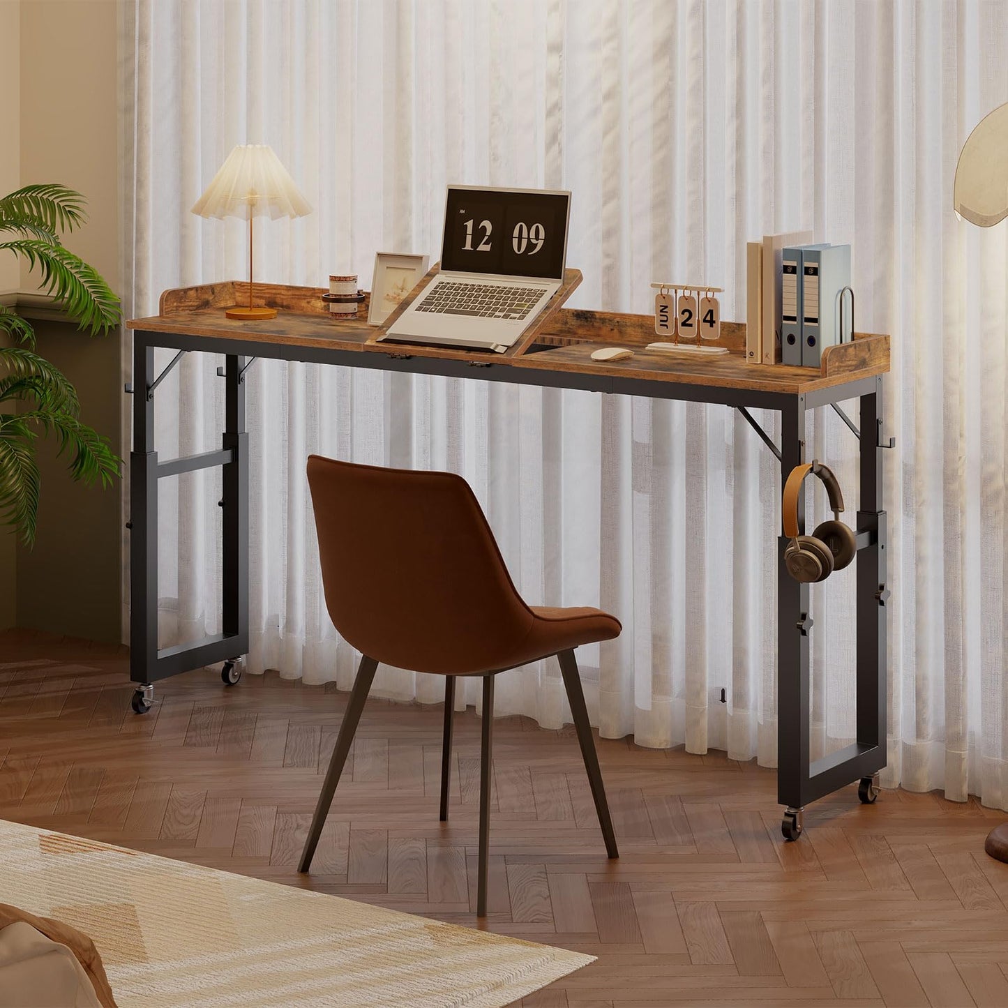 MAHANCRIS Overbed Table with Wheels, Adjustable Height Rolling Table, Mobile Bed Desk for Queen Bed, Computer Desk with Tilt Stand, Bookshelf, Cup Holder, Hooks, Rustic Brown MTHR18101