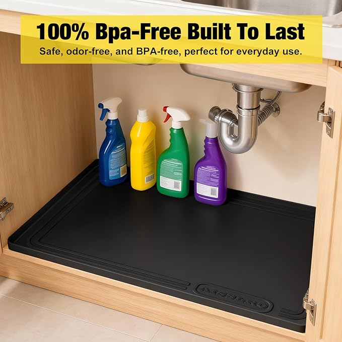 Under Sink Mat 28" X 19", Waterproof Silicone Under Sink Mats for Kitchen, Anti-Leak Shelf Liner & Cabinet Protector with Raised Edge, [BPA Free] Bathroom Tray Home Organizer, Black