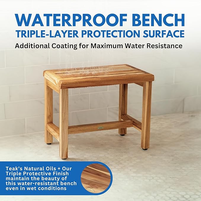 EcoDecors Eleganto 24 Inch Natural Color Waterproof Teak Wood Shower Bench Stool Seat Chair For Inside Shower Provides Safety, Storage, and Organization For Bathroom Accessories