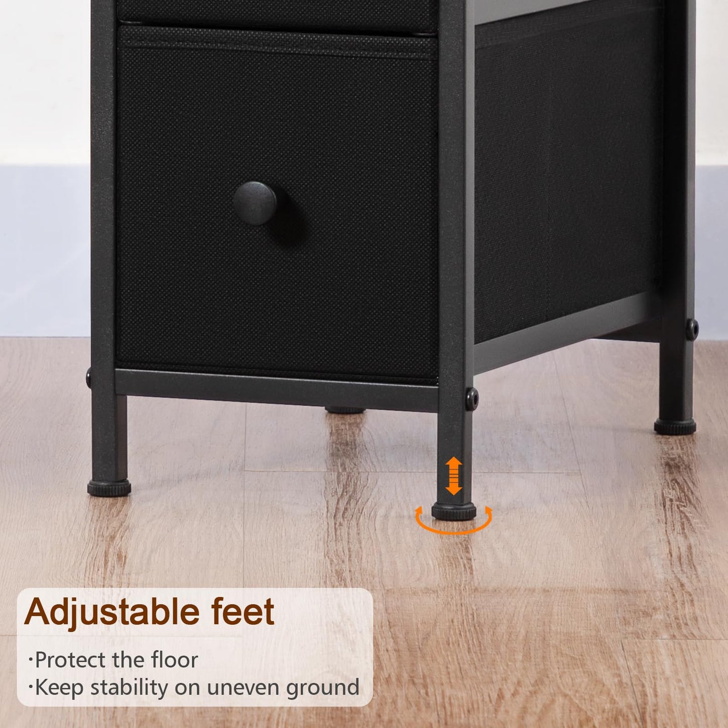 LOAKEKEL Narrow End Tables Living Room Set of 2 with Charging Station, Skinny Side Table with Fabric Drawers, Slim Nightstand for Bedroom, Small Spaces, Couch, Black, HETNDP03BK