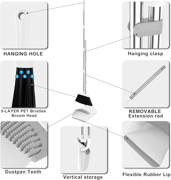 Broom and Dustpan Set, Broom with Dustpan Combo Set for Home 54-in Long Adjustable Handle Dustpan Teeth to Clean Hair for Home Office Kitchen Lobby