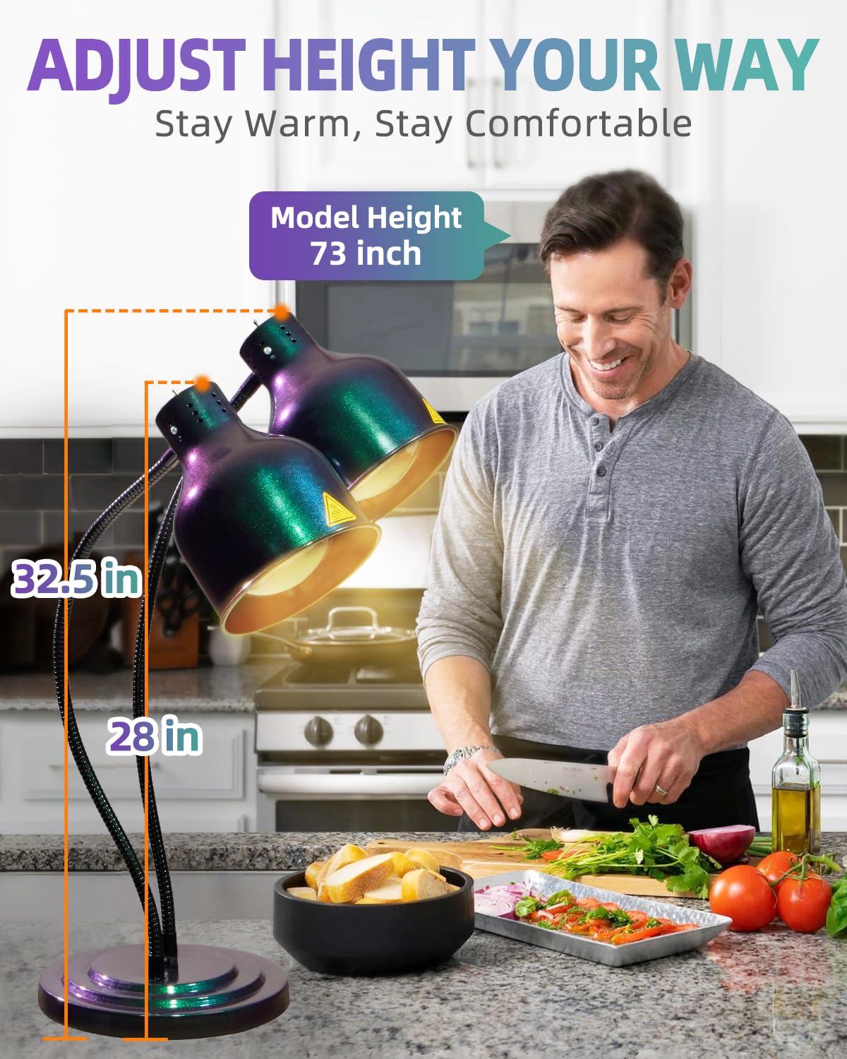 RVGMBO Food Heat Lamp - [3 Bulbs Included] [Rapid-Heating], 500W Commercial Food Warmer Light, Heat Lamp for Food Catering Warming Lamp for Buffet Parties, Green-Purple Gradient