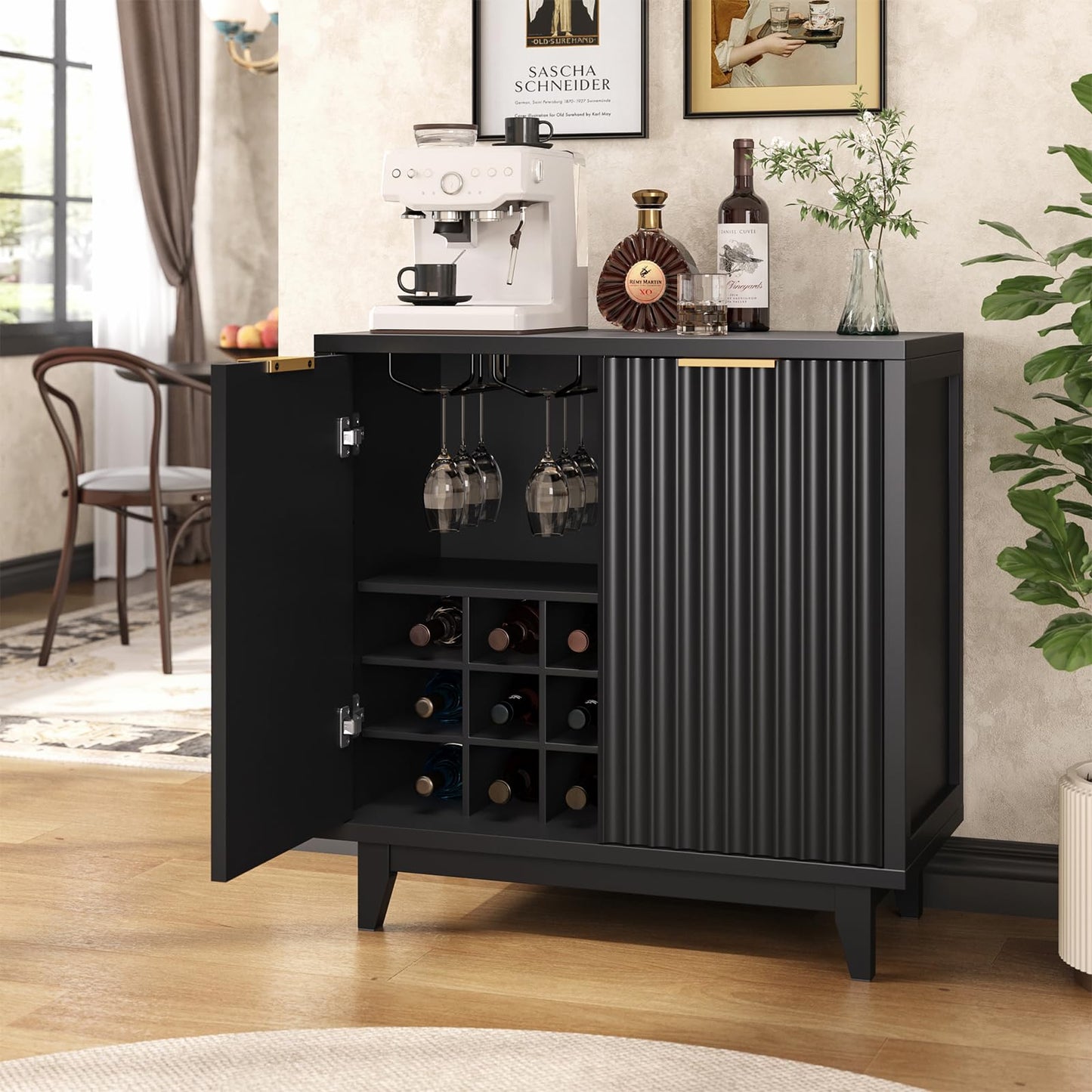 Modern Fluted Coffee Bar Cabinet with Removable Wine Rack and Adjustable Shelf, Solid Wood Legs, Multi-Functional Sideboard Buffet for Kitchen, Dining Room, Living Room, Entryway, Black