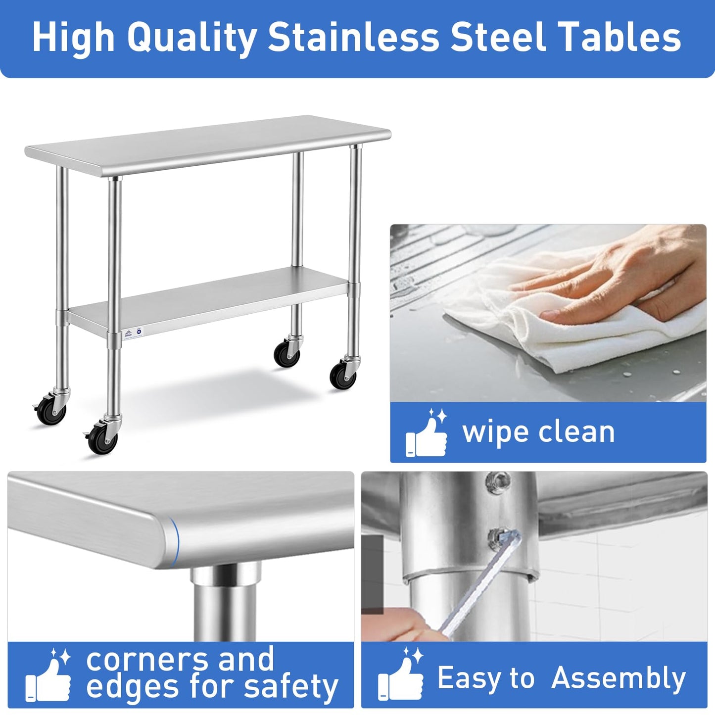 ROCKPOINT Stainless Steel Table for Prep & Work with Caster Wheels 30x48 Inches, NSF Metal Commercial Kitchen Heavy Duty Table with Adjustable Under Shelf and Table Foot for Restaurant, Home and Hotel