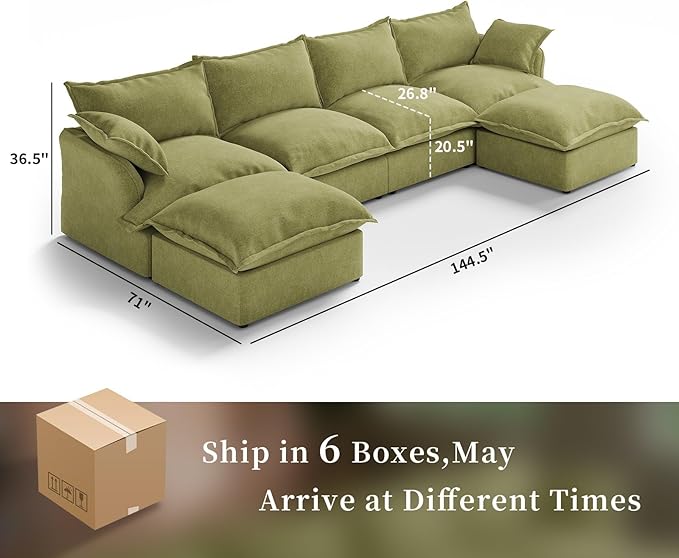 Intuition Decor Modular Convertible Cloud Sectional Sofa,144.5" Large Sofa Set for Living Room,6 Seat U-Shaped Modern Down Fill Sectional Sofa Fabric Modular Couch with Double Chaise,Green
