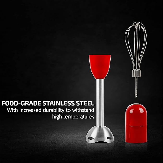 OVENTE Immersion Hand Blender Set, 300W Corded Electric Handheld Stick Mixer, 2 Mixing Speeds with Stainless Steel Blades, Egg Whisk, Beaker & BPA-Free Food Chopper, Red HS565R