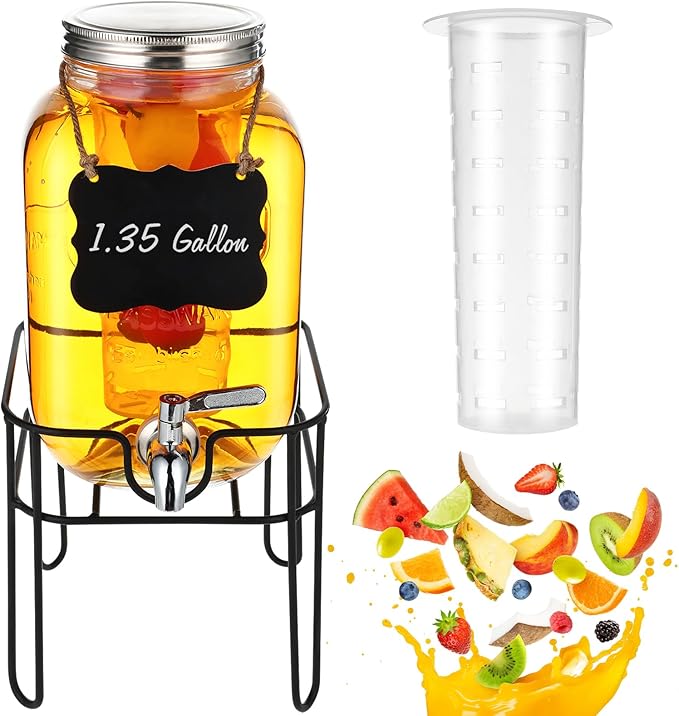 Drink Dispenser 1.35 Gallon Glass Beverage Dispenser with Stand & Stainless Steel Spigot, Drink Dispensers for Parties wit...