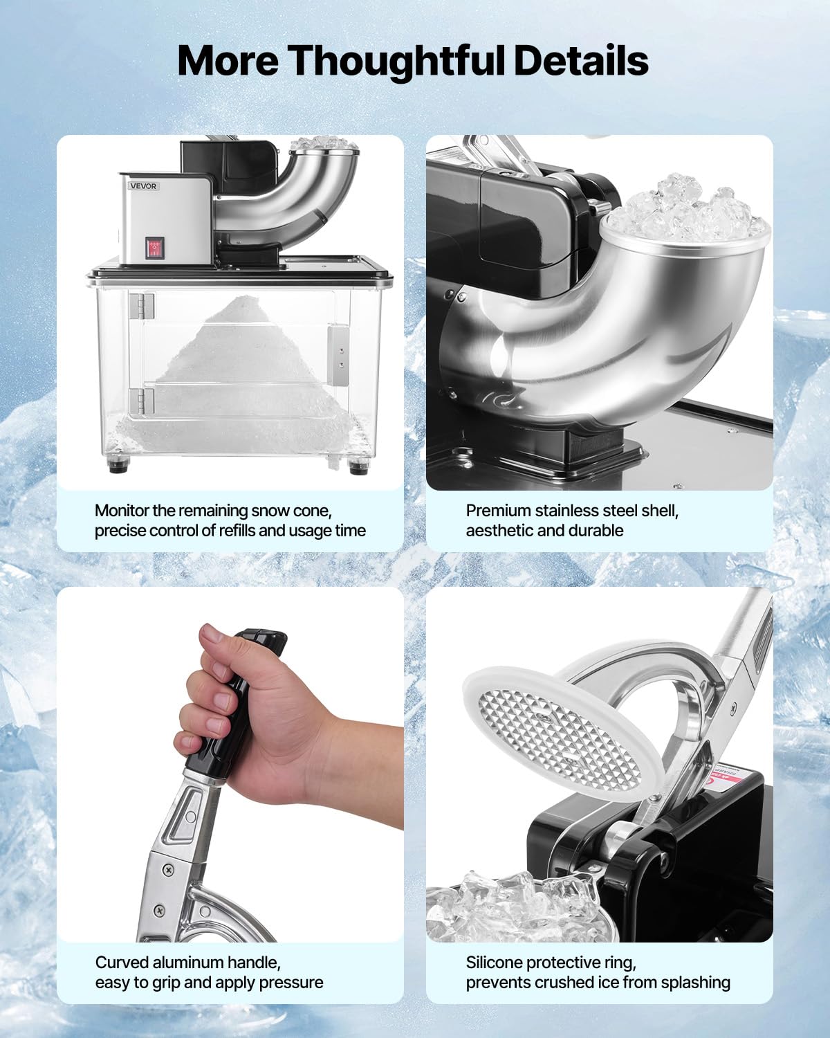 VEVOR Commercial Ice Crusher 661LBS/H, 350W Electric Snow Cone Machine with 4 Blades, 2000RPM Stainless Steel Shaved Ice Machine with 11 Gal Crushed-Ice Box, for Family Restaurants Bars, Black