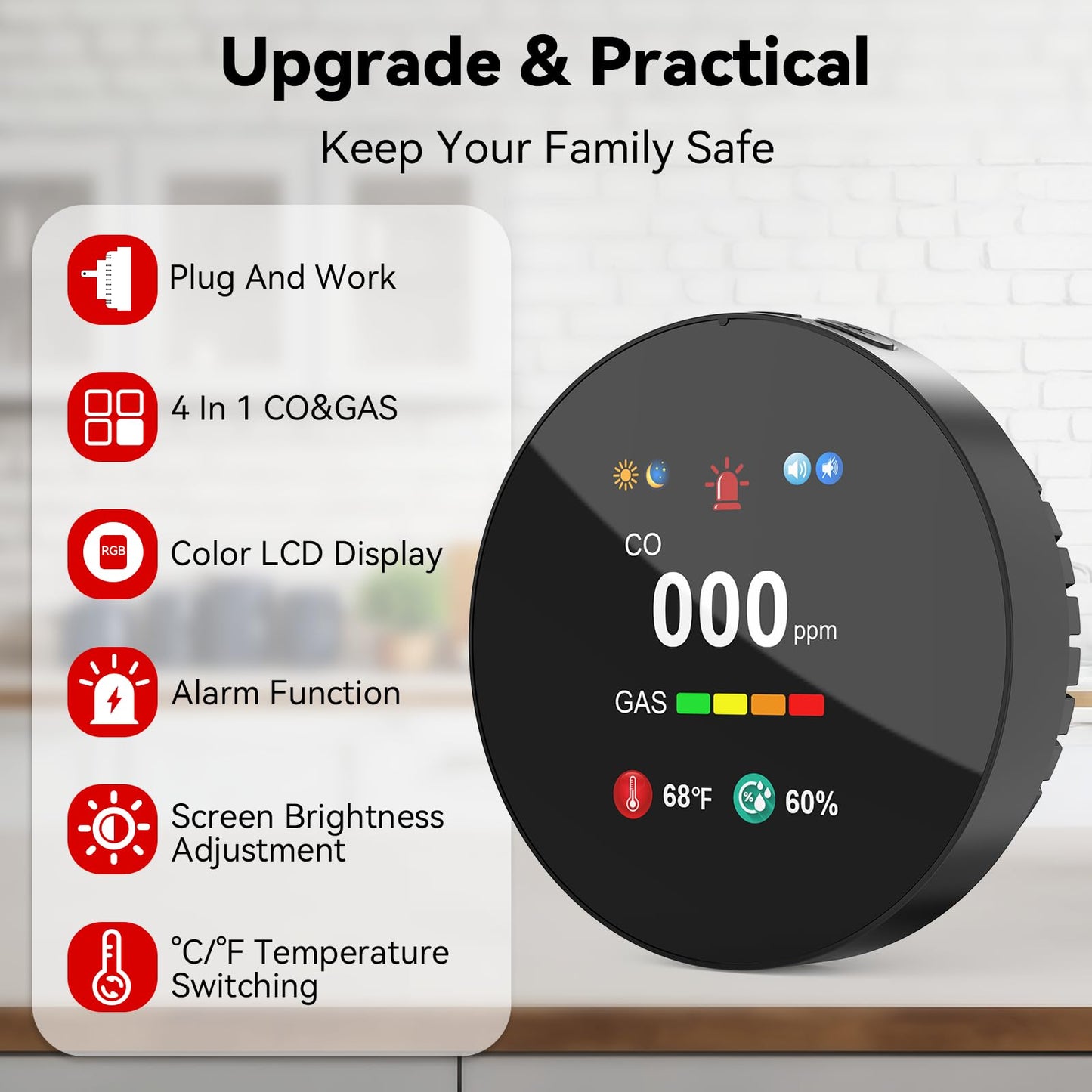4-in-1 Carbon Monoxide & Gas Detector Plug in, Combination Natural Gas Leak & Carbon Monoxide Alarm, Dual Sensor CO & Gas Detector with Temperature & Humidity, 3 Packs