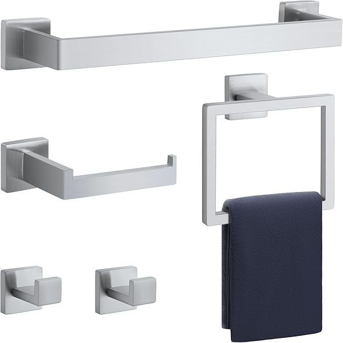 Bathroom Hardware Set Brushed Nickel 5-Pieces Bathroom Towel Rack SUS304 Stainless Steel Bath Towel Bar Set, Towel Racks Wall Mounted.