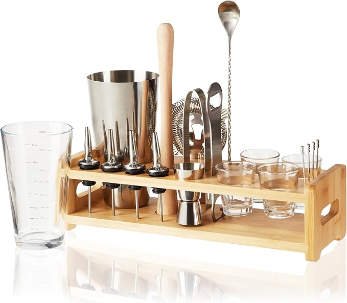 True 20-Piece Cocktail Shaker Bar Set with Wooden Stand Includes Boston Shaker, Mixing Glass, Muddler, Jigger, Strainer, B...