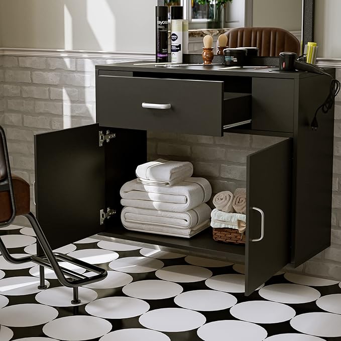Wall Mount Salon Station Barber Stations Styling Station with Mirror Drawer Storage Cabinet Spa Salon Equipment(Black)