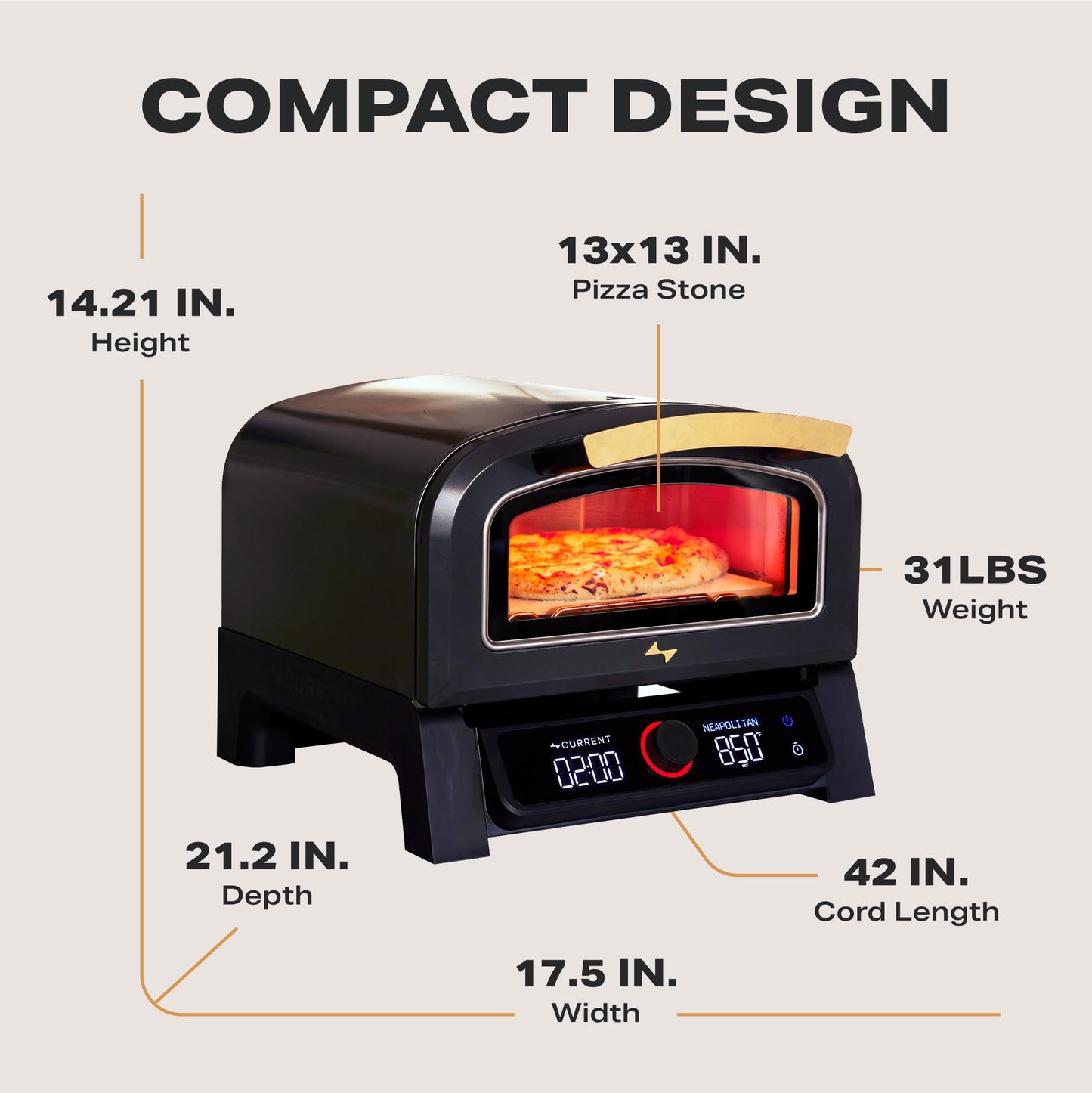 Current® Model P Smart Electric Pizza Oven, 12-Inch, 850°F Max, 5 Cooking Modes, App Connectivity for Temperature Monitoring & Custom Cooking Times, Compact for Indoor & Outdoor Use, Sand