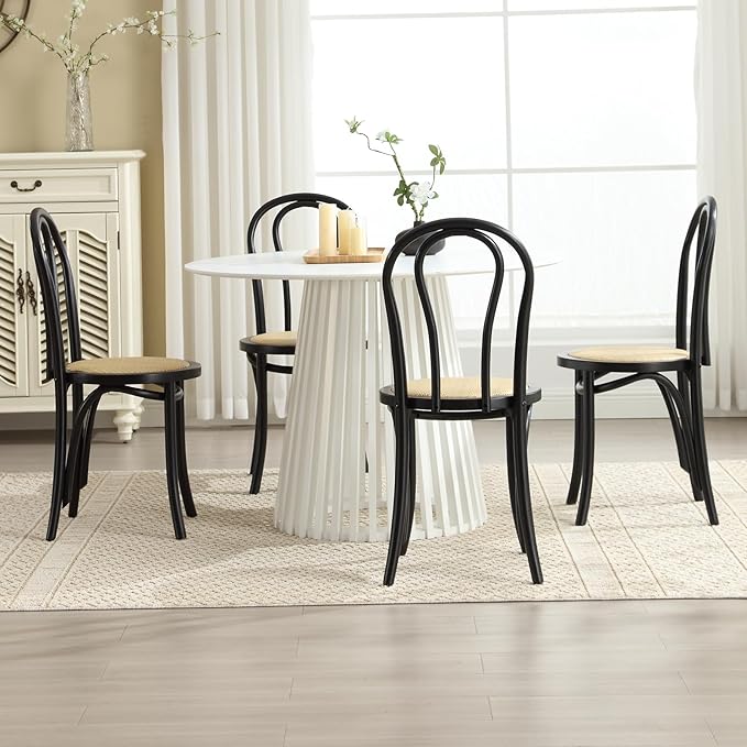 DM Furniture Solid Wood Dining Chairs Set of 4 Mid-Century Modern Rattan Kitchen Room Chairs with Backrest Bentwood Bistro Chairs for Dining/Living Room,Cafe, Black Wood