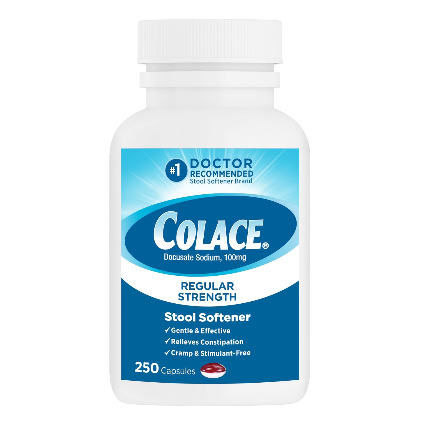 Colace Stool Softener 100 mg, 250 Capsules, Constipation Relief, Docusate Sodium, Gentle Docusate, Stimulant-Free, Regular Strength, #1 Doctor Recommended Stool Softener Brand