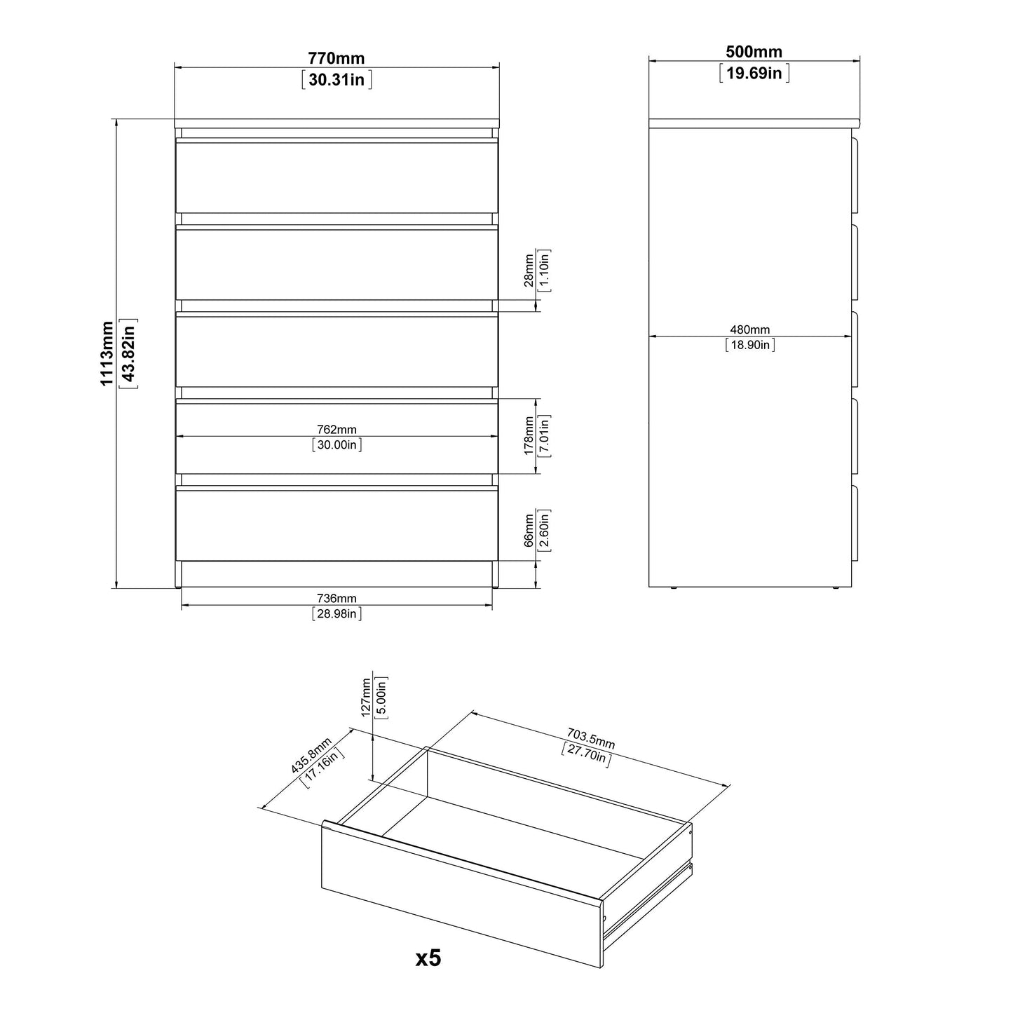 Tvilum 5 Drawer Chest, Black Matte