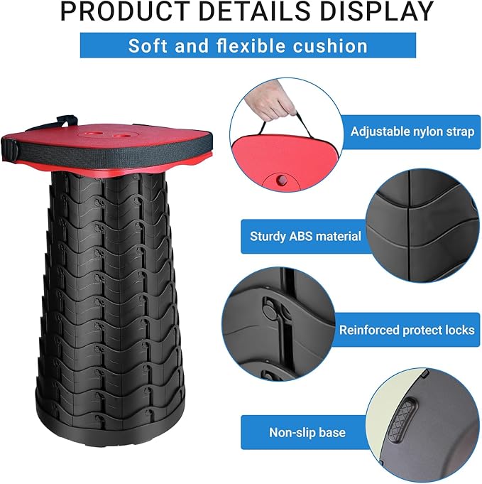 ZTMT Upgraded Square Folding Stool, Max Load Capacity 485lbs, Portable Collapsible Seat, Telescoping Foldable Stool for Camping,Fishing,Hiking,Travel, Red